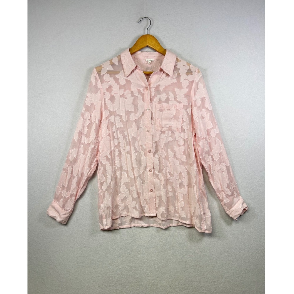 EN CRÈME‎ Pink Butterfly Burnout Sheer Long Sleeve Button Up Shirt Womens Size S